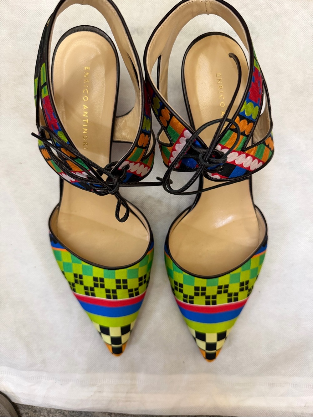 Multicolor Pointed Toe Slingback Heels in Green Pattern